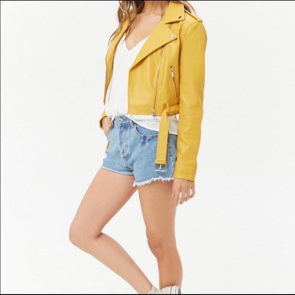 Yellow Faux Leather Biker Jacket